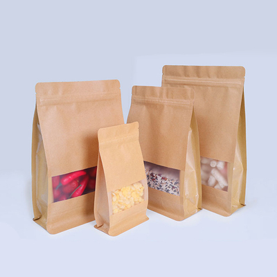 Moisture Proof Kraft Paper Stand Up Pouches Bakery Bags With Window Craft Paper Bags Zip Lock Zipper Brown Window Food Pouches Cookie Bags